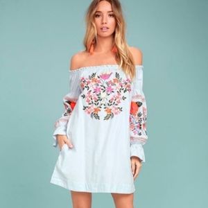 Free People Fleur Du Jour Embroidered Off Shoulder Dress Size S Blue Bohemian